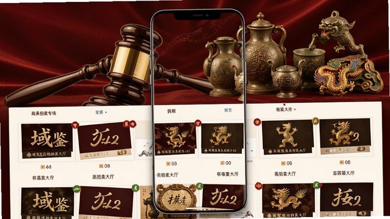 域鉴在线拍卖大厅界面,手机展示拍卖专场列表,背景为拍卖槌与古玩藏品组合,金色与深红色调,营造高端拍卖氛围