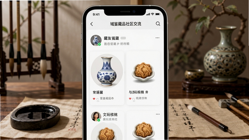 域鉴藏品社区交流界面,手机屏幕显示藏友发布的瓷器与文玩核桃帖子,背景为文人书房场景,笔墨纸砚与古玩摆件点缀,雅致清幽
