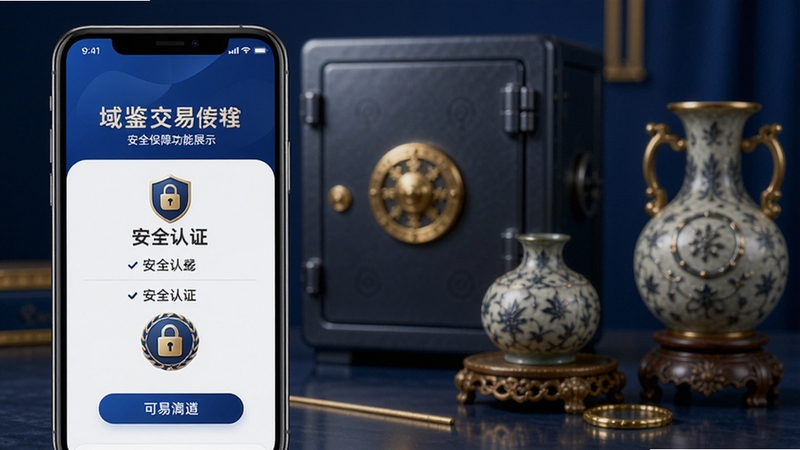 域鉴交易安全保障功能展示,手机屏幕显示担保交易流程与安全认证标识,背景为保险箱与古玩藏品,蓝色与金色搭配,传递安全可靠感