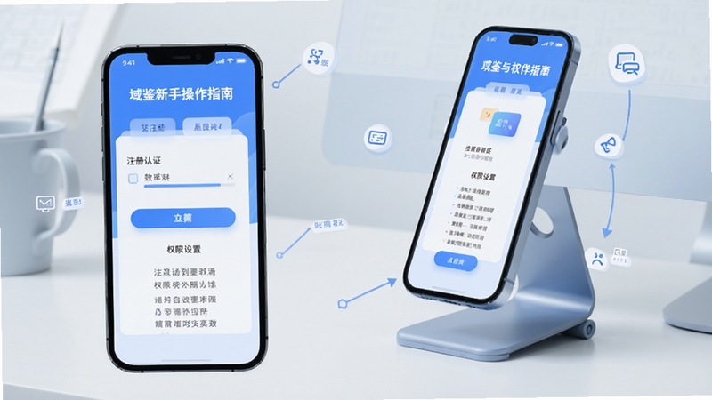 域鉴新手操作指南示意图,手机屏幕展示注册认证与权限设置步骤,背景为简约桌面与手机支架,清新蓝色调,信息图表风格