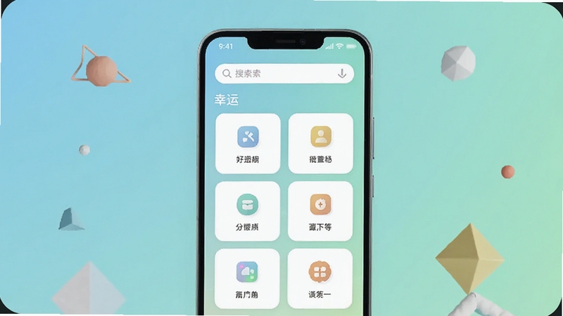 画面主体为一部竖屏安卓手机,屏幕中央显示“幸运”软件主界面,界面采用浅色卡片式布局,顶部有搜索栏,中部排列多个功能图标,背景为柔和的渐变蓝绿色,桌面干净整洁,周围点缀少量几何装饰元素,整体风格清新现代,适配Boogu模型生成