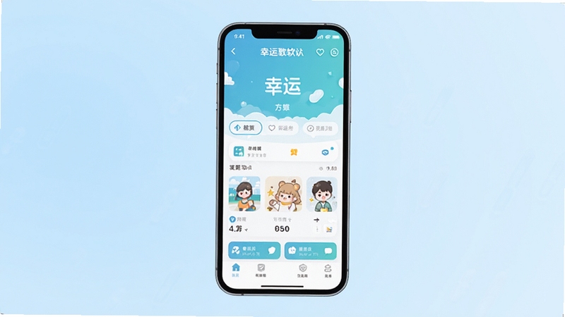 幸运软件主界面全貌展示,画面中央为手机屏幕显示幸运应用首页,背景为柔和渐变浅蓝色调,整体风格清新简洁,适配Boogu模型生成