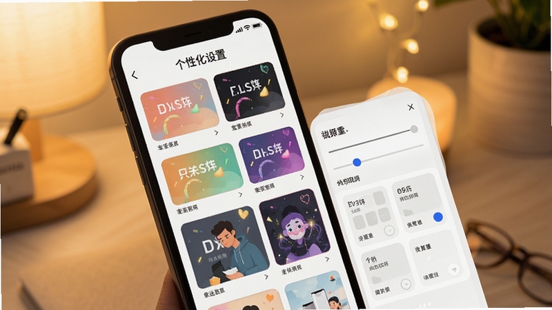 幸运软件个性化设置界面,画面展示手机屏幕上多种主题配色选项和布局调整面板,背景为柔和暖色调,体现个性化定制