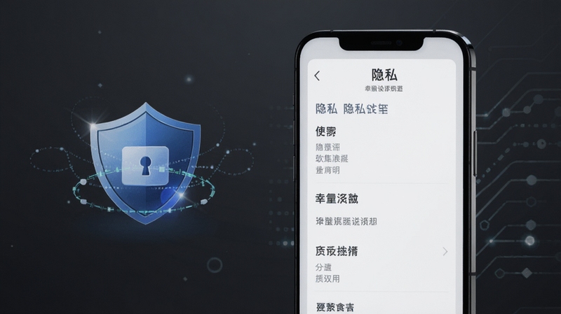 幸运软件隐私安全说明示意图,画面展示手机屏幕上的隐私设置页面与盾牌图标,背景为深灰色科技风格,体现安全可靠