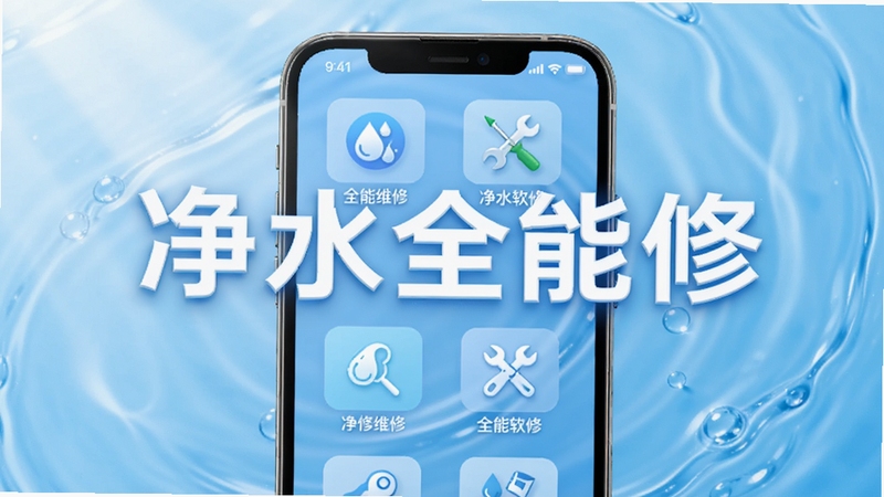 净水全能修软件主界面概览,画面中央展示手机屏幕内净水器维修功能模块图标整齐排列,背景为浅蓝色渐变水质纹理,柔和光线从左上方照射,整体风格清爽科技,突出净水全能修字样与工具属性,适配Boogu模型生成