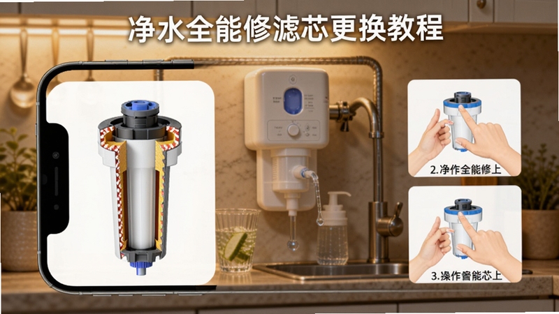 净水全能修滤芯更换教程页面,画面展示手机界面中分步骤图文指引,左侧为滤芯结构剖面图,右侧为操作手势示意,背景为厨房净水器安装场景,暖色调灯光,细节清晰,突出净水全能修教程实用性,适配Boogu模型生成