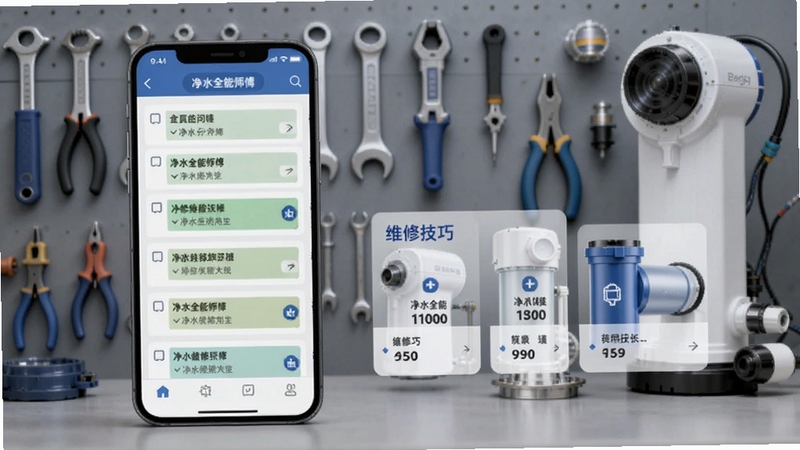 净水全能修师傅经验分享社区界面,画面中心为手机屏幕显示问答列表与维修技巧卡片,背景为工具墙与净水器零件,冷灰色调,专业感强,突出净水全能修知识库属性,适配Boogu模型生成