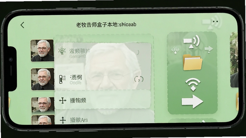 老牧师盒子本地音频管理界面,手机屏幕展示音频文件列表与操作菜单,背景为清爽的浅绿色调,点缀文件夹与传输箭头图标,突出管理便捷性