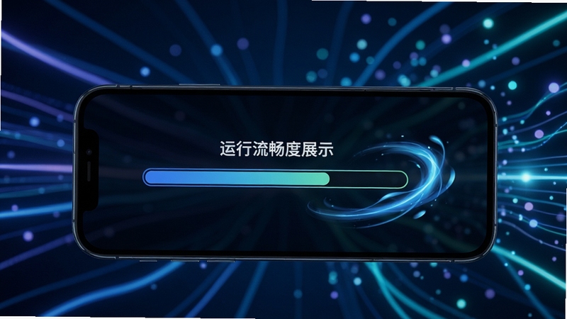 老牧师盒子运行流畅度展示,手机屏幕呈现加载进度条与流畅动画效果,背景为动感线条与光点,色调偏冷色科技风,强调轻量流畅的产品特性