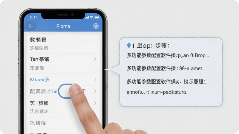 多功能参数配置软件操作教程示意图,手机屏幕显示参数编辑界面,手指点击参数项,画面右侧浮现操作步骤提示框,背景为浅灰色简约风格