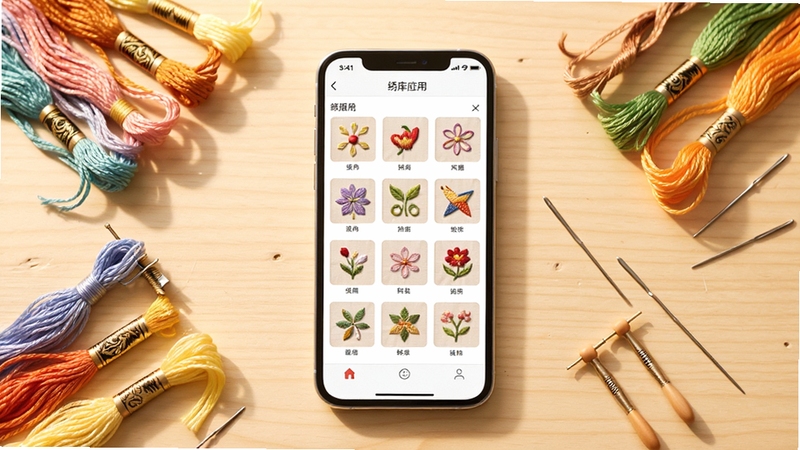 绣库应用主界面全景展示,画面中央是手机屏幕,屏幕内呈现整齐排列的刺绣图样缩略图,背景为浅色木质桌面,周围散落彩色绣线和绣针,整体风格温暖明亮,突出绣库软件的核心图库功能