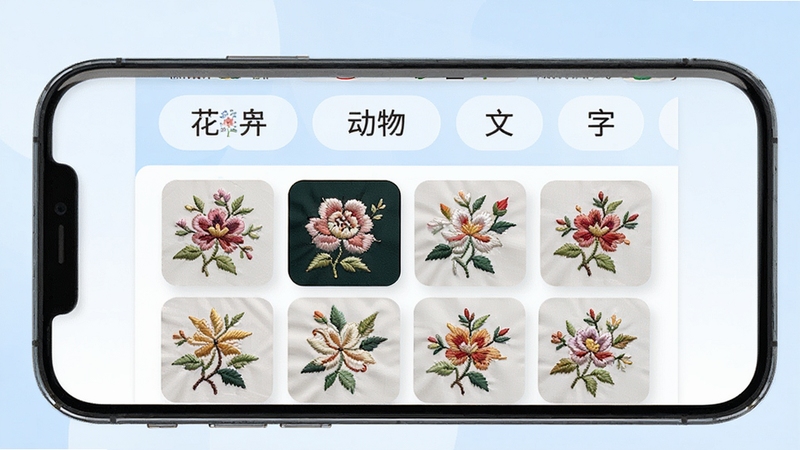 绣库应用内分类浏览界面,手机屏幕显示花卉、动物、文字等分类标签,下方是刺绣图样缩略图网格,背景为淡蓝色渐变,画面干净清爽,体现绣库的图库分类功能