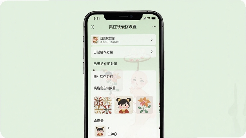 绣库应用离线缓存设置界面,手机屏幕显示缓存管理选项和已缓存图样数量,背景为淡绿色,画面清新,体现绣库的离线使用功能