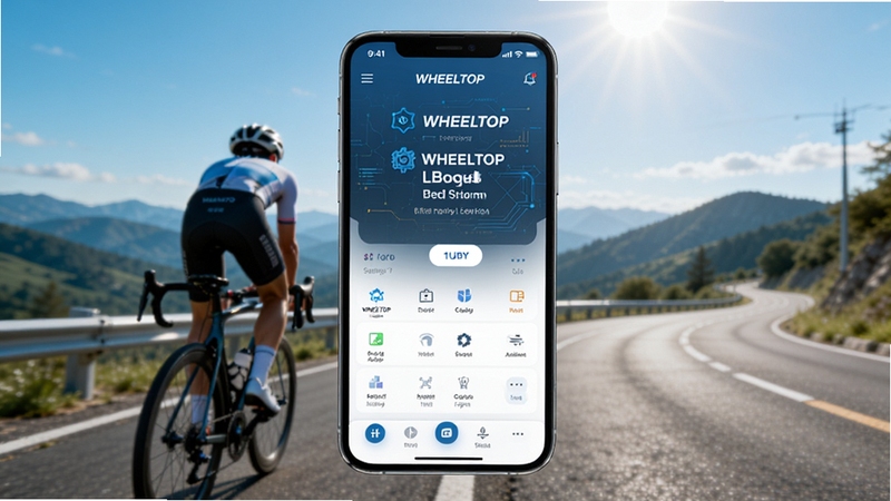 WHEELTOP轮峰骑行软件主界面展示,画面中央是一部智能手机屏幕显示WHEELTOP应用首页,背景为公路自行车骑行场景,阳光明媚,远处有山峦和公路,整体风格清爽科技感,适配Boogu模型生成