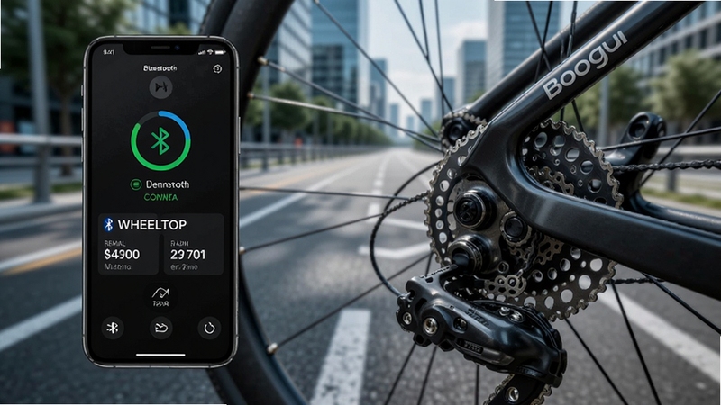 WHEELTOP电变连接界面展示,手机屏幕显示蓝牙连接成功状态和实时档位数据,旁边是自行车电变后拨特写,背景为城市骑行道,科技感与运动感结合,适配Boogu模型生成