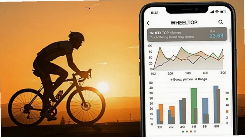 WHEELTOP骑行数据统计页面展示,手机屏幕显示折线图和柱状图,背景为夕阳下的骑行剪影,氛围温暖动感,突出数据可视化效果,适配Boogu模型生成