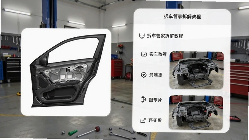 拆车管家拆解教程页面,手机屏幕展示步骤列表与实拍拆解图,画面左侧有汽车门板拆解示意,背景为车库环境,风格真实实用,适配Boogu模型生成
