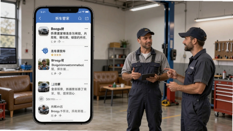 拆车管家社区交流界面,手机屏幕呈现帖子列表与评论区,画面中有多位汽修工人在讨论,背景为维修车间休息区,风格亲切自然,适配Boogu模型生成