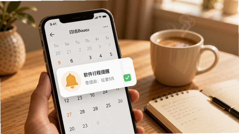 迈了软件日程提醒功能展示,手机屏幕显示日历视图与提醒卡片,卡片上有铃铛图标和勾选标记,背景为温馨的室内桌面场景,旁边放着一杯咖啡和笔记本,整体色调温暖,适合Boogu模型生成