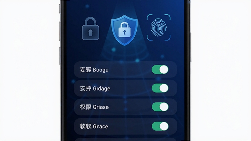 迈了软件隐私设置页面展示,手机屏幕显示权限开关列表和盾牌安全图标,背景为深蓝色科技感渐变,画面中有锁形和指纹识别元素,突出安全保护主题,适合Boogu模型生成