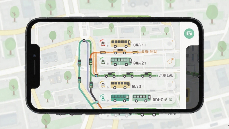爪爪巴士实时公交追踪界面 手机屏幕显示多条公交线路车辆位置与预计到站时间 背景为城市街道地图 扁平化设计风格 色彩清新明快