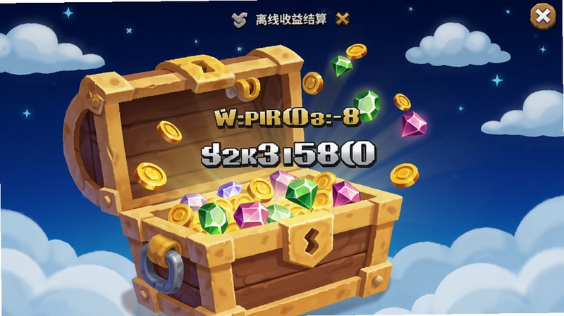 最后的勇者 离线收益结算界面,画面中有一个巨大的宝箱正在开启,金币和宝石从宝箱中飞出,背景是深蓝色的夜空与漂浮的云朵,界面中央显示收益数值文字,整体风格卡通明亮