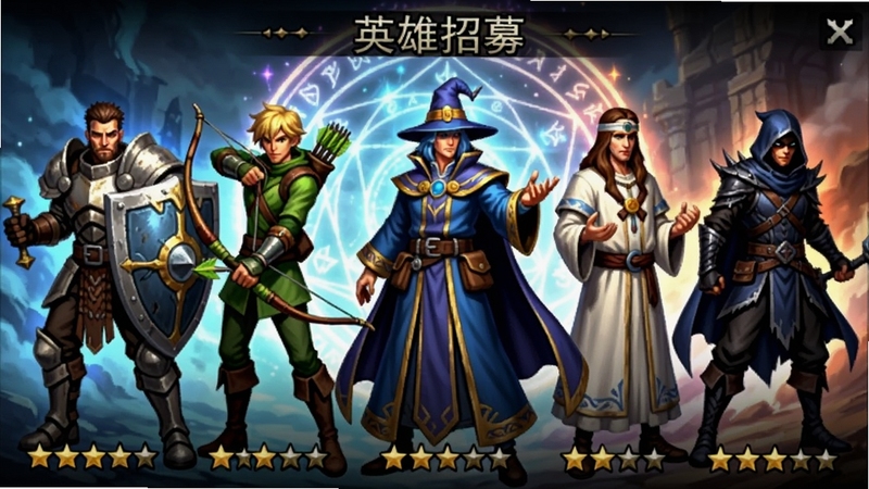 最后的勇者 英雄招募界面,画面展示五位不同职业的英雄角色并排站立,从左到右依次为持盾战士、弓箭手、法师、牧师和刺客,背景为魔法阵光芒,角色下方有星级评价图标,整体色彩丰富且具有奇幻风格