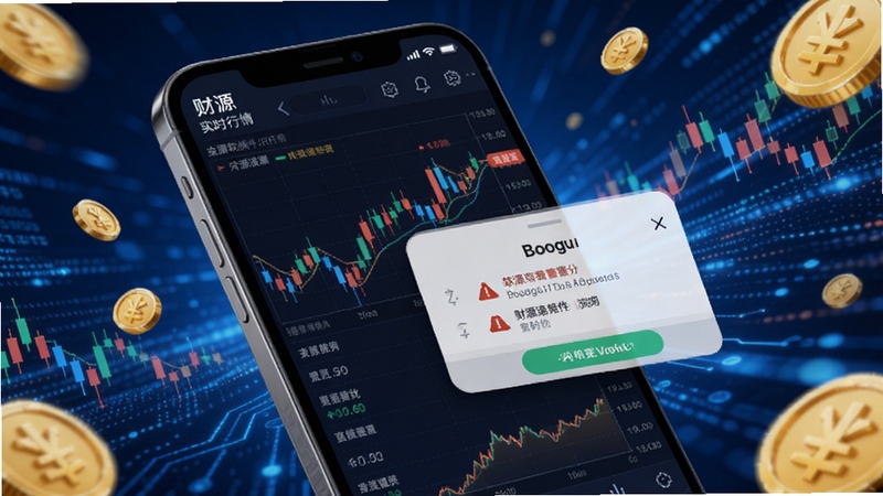 财源滚滚软件实时行情界面,手机屏幕显示多只股票的分时图与预警弹窗,背景为深蓝色科技感数据流,金币符号点缀在K线周围,画面明亮清晰,适配Boogu模型生成
