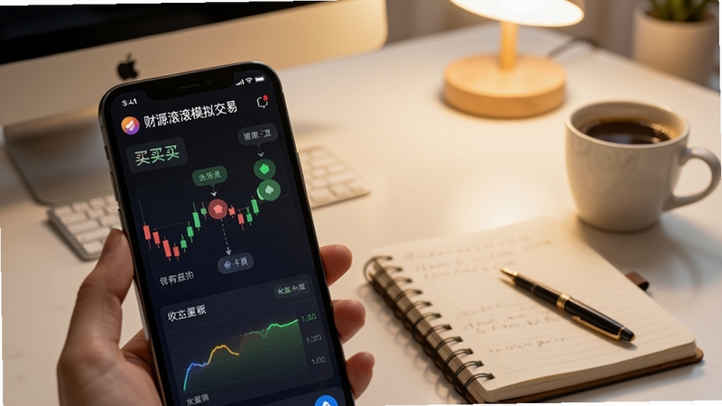 财源滚滚模拟交易复盘界面,手机屏幕显示买卖点标注与收益曲线,背景为暖白色书桌场景,旁边放有笔记本和咖啡杯,适配Boogu模型生成