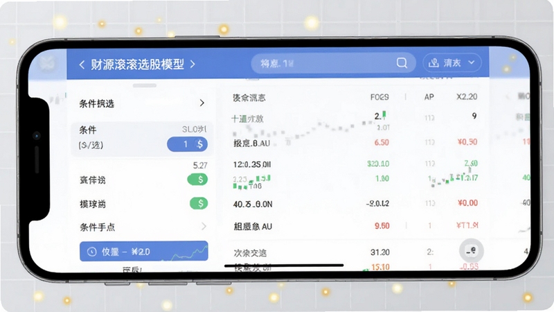财源滚滚选股模型界面,手机屏幕展示条件筛选面板与股票列表,背景为浅灰色网格与金色光点,界面整洁直观,适配Boogu模型生成
