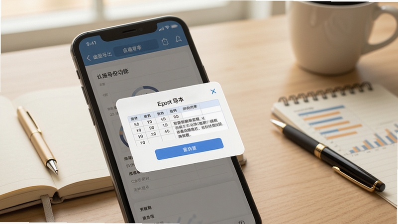 血糖记事本数据导出与备份功能界面,画面展示手机屏幕中导出表格文件的弹窗提示,背景为简洁的办公桌面,有笔记本和笔作为点缀,整体色调温和,体现数据管理与存档的便捷性