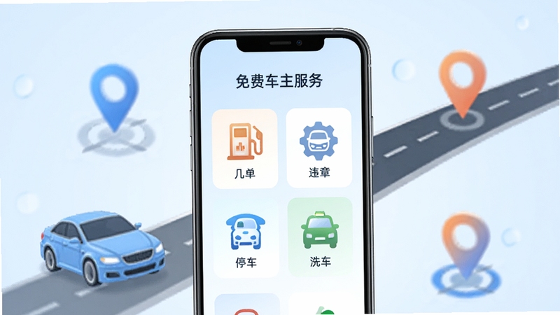 一个简洁明亮的手机应用界面展示图,画面中央是一部智能手机,屏幕上显示着免费车主服务的首页布局,包含加油、违章、停车、洗车等图标入口。背景为淡蓝色渐变,周围环绕着汽车、道路、定位标记等元素,整体风格清新现代,适合作为软件下载站的介绍配图