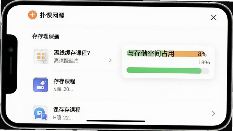 扑课网离线缓存管理页面,手机屏幕显示已缓存课程列表与存储空间占用条,背景为纯白色,画面简洁,突出扑课网功能界面