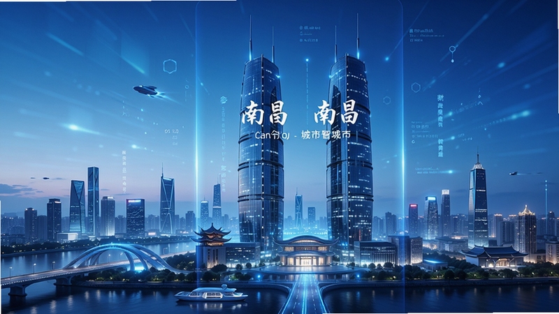 数字南昌 智慧城市 手机应用界面 南昌地标双子塔 背景 科技感 蓝色调 高清 细节丰富