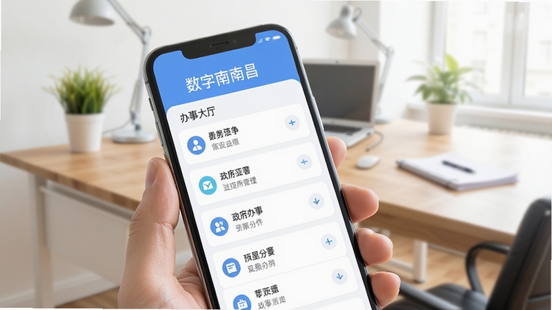 数字南昌 政务办事界面 手机屏幕 显示办事大厅列表 简洁 扁平化设计 明亮 办公桌背景