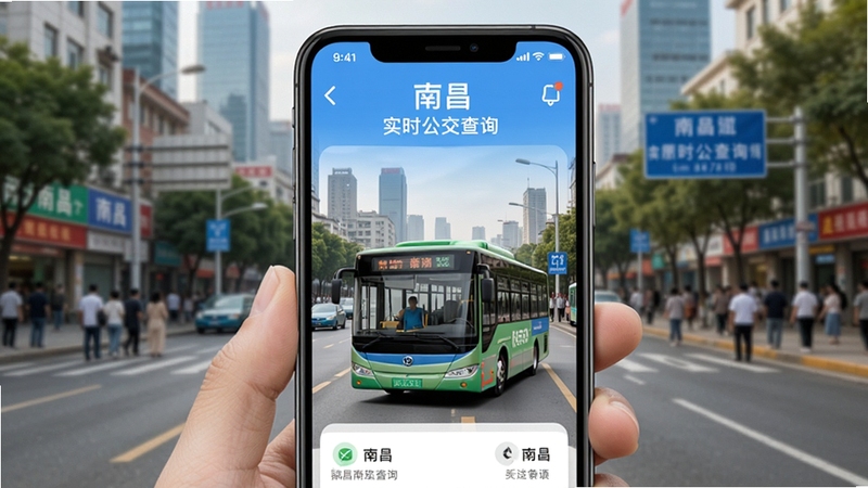 数字南昌 实时公交查询 手机界面 南昌街道背景 公交车元素 清新 生活化 写实风格