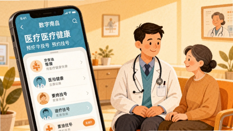 数字南昌 医疗健康 手机预约挂号界面 医院场景 医生与患者 温馨 暖色调 插画风格
