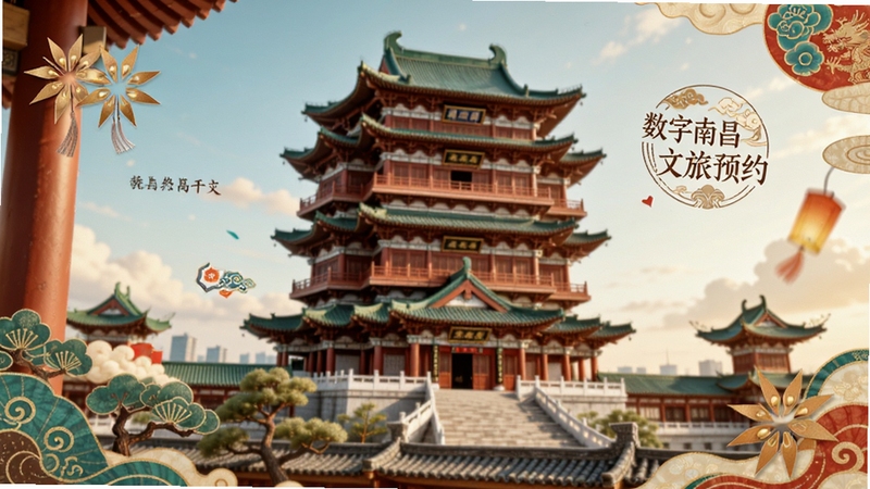 数字南昌 文旅预约 手机界面 滕王阁背景 游客 文化元素 明亮 国潮风格 细节精致