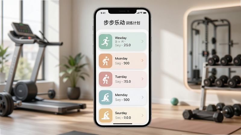 步步乐动 训练计划界面 手机屏幕展示一周训练安排列表 包含跑步、深蹲、拉伸等图标 界面配色柔和 以卡片形式呈现每日任务 背景为室内健身场景 简约现代风格