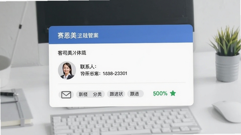 赛恩美客户档案管理界面,画面主体为一张客户信息卡片,卡片内包含公司名称、联系人头像、邮箱图标、标签分类和跟进状态,背景为淡灰色办公桌面,风格简洁清晰