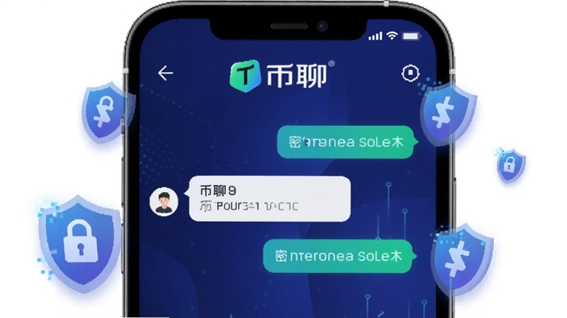 币聊软件主界面展示,手机屏幕中央显示加密聊天对话框,背景为深蓝色科技感渐变,周围环绕盾牌与锁形图标,整体风格简洁安全,突出币聊品牌标识,画面比例为竖版手机截图样式