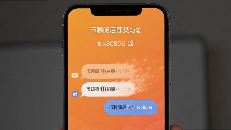 币聊阅后即焚功能界面,手机屏幕显示倒计时销毁动画,消息气泡逐渐透明消散,背景为暖橙色渐变,突出币聊消息自毁特性,画面简洁直观