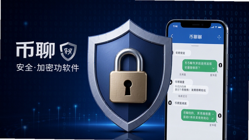 币聊安全加密功能宣传图,画面以盾牌和锁为核心元素,手机屏幕显示加密聊天界面,背景为深色渐变与二进制代码纹理,突出币聊安全加密聊天软件定位,风格稳重专业