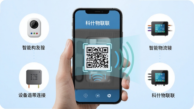 科什物联 设备绑定流程示意图,画面展示手机扫描设备二维码的特写,周围环绕智能传感器与控制器图标,背景为淡蓝色渐变,突出便捷连接主题