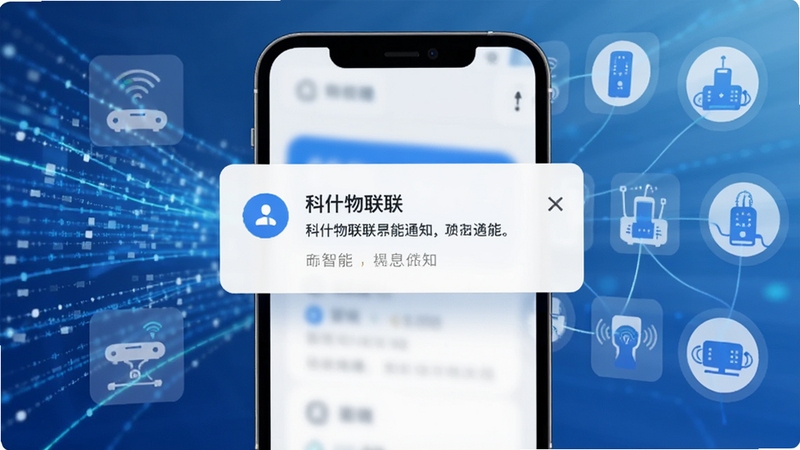 科什物联 消息通知界面展示,画面中央为手机弹出提醒卡片,背景为抽象数据流与设备图标,色调以蓝白为主,体现及时提醒与智能感知