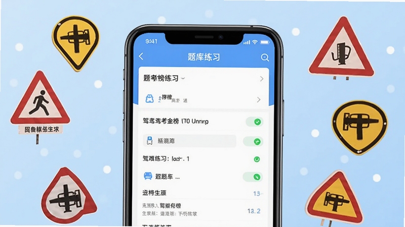 驾考金榜软件主界面预览图,画面中央展示一部智能手机,手机屏幕上呈现驾考金榜APP的题库练习界面,背景为浅蓝色渐变,周围点缀交通标志元素,整体风格简洁清新,适配Boogu模型生成