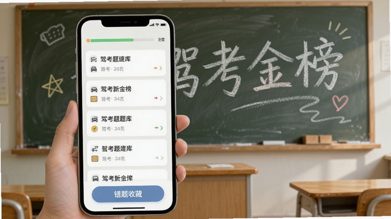 驾考金榜智能题库练习界面生图,画面展示手机屏幕内题目列表与答题卡,屏幕上方显示进度条,下方有错题收藏按钮,背景为教室黑板风格,粉笔字书写驾考金榜,整体色调柔和,适配Boogu模型生成