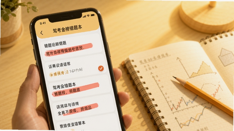 驾考金榜错题本功能生图,画面展示手机屏幕内错题列表与红色标记,旁边有笔记本和铅笔元素,背景为淡黄色暖光,整体风格温馨,适配Boogu模型生成