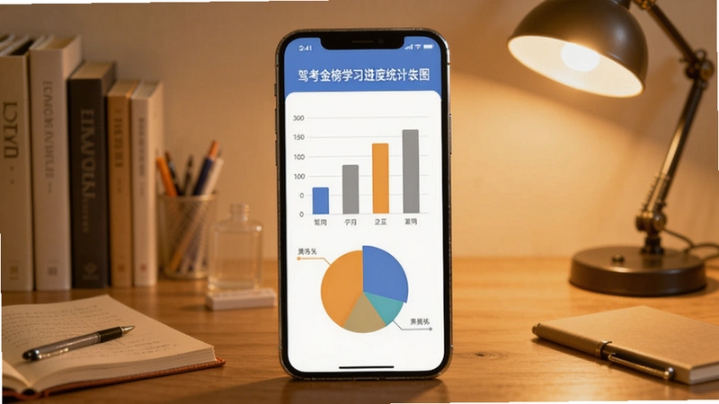 驾考金榜学习进度统计图表生图,画面中央为手机屏幕显示柱状图与饼状图,背景为书桌与台灯,色调温暖,突出数据可视化,适配Boogu模型生成