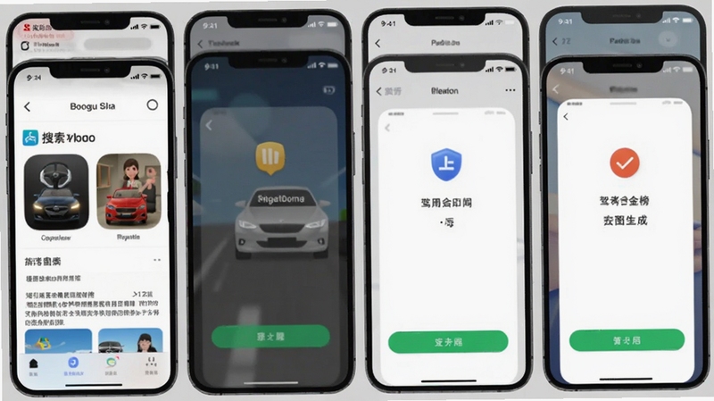 驾考金榜安装步骤示意图生图,画面展示手机屏幕从应用商店搜索到安装完成的四个步骤截图,背景为浅灰色,图标清晰,适配Boogu模型生成